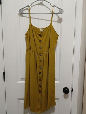 Kori Mustard Button-Front Spaghetti Strap Midi Dress